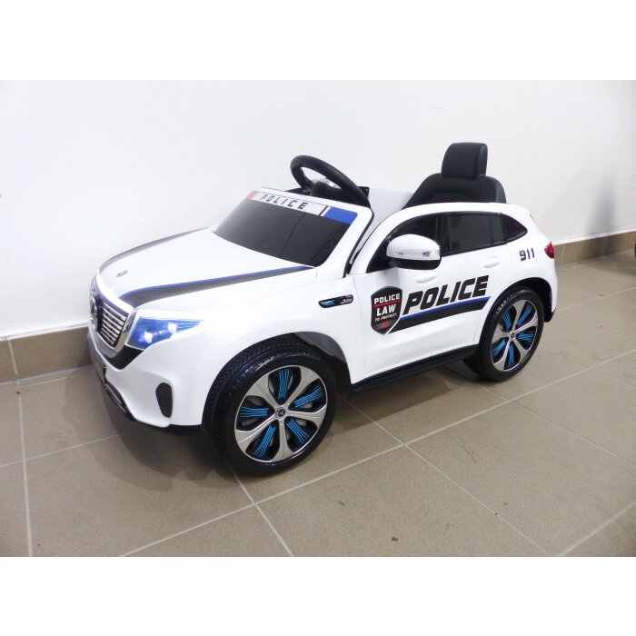 Kinder Elektroauto Mercedes EQC Polizei 2x Motoren MP3 USB Fernsteuerung Weiss