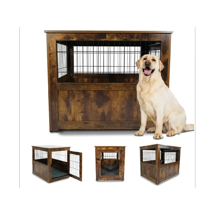 Hundebox aus Holz mit weichem Polsterboden und atmungsaktivem Gitter